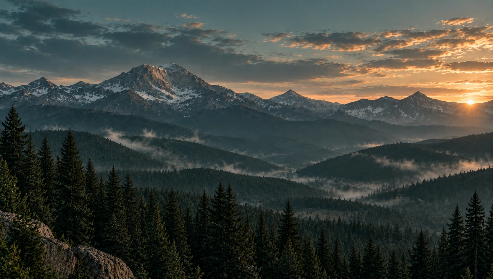 Colorado mountain peaks above an evergreen forest and alpine lake