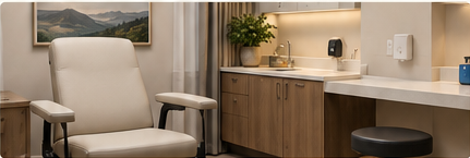 Clean laboratory blood draw room with a patient chair