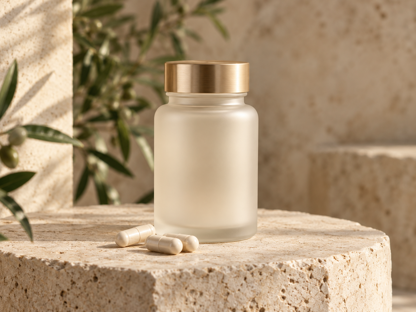 Unlabeled frosted ivory bottle with a gold lid and small ivory capsules on warm limestone