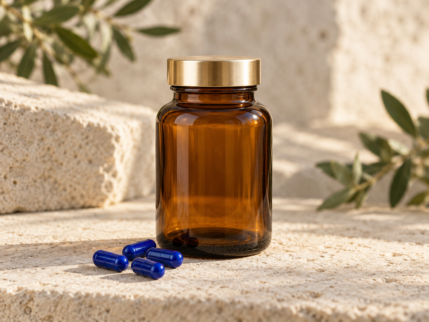 Unlabeled amber bottle with a gold lid and small blue capsules on warm limestone
