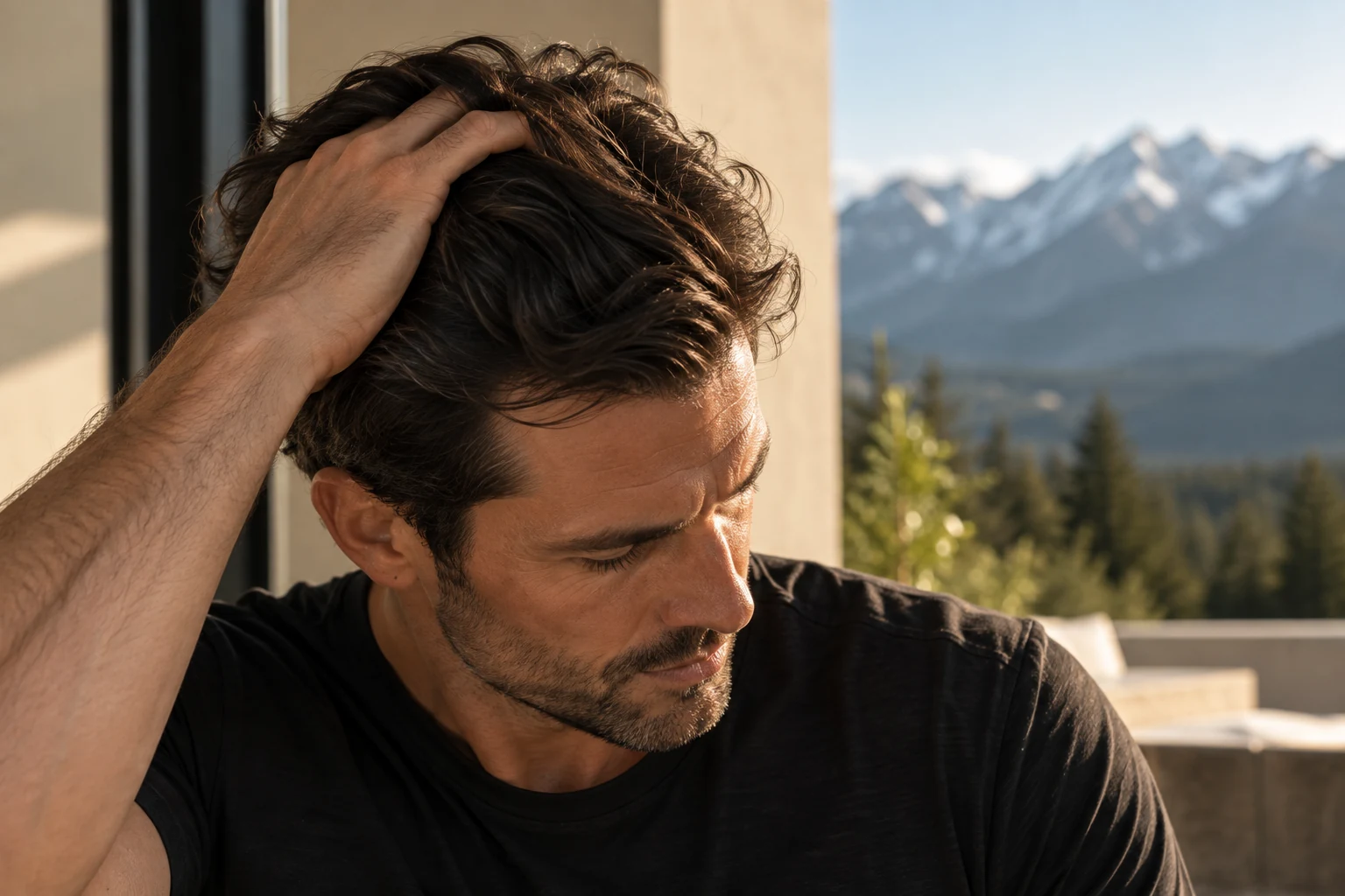 Adult man running his hand through his hair