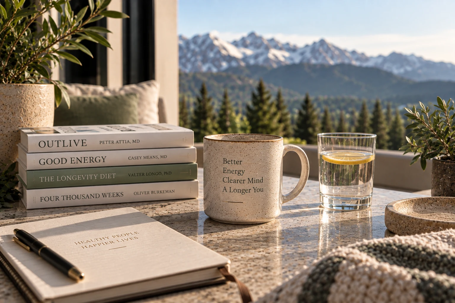 Books, journal, tea, and water arranged for a healthy-aging routine