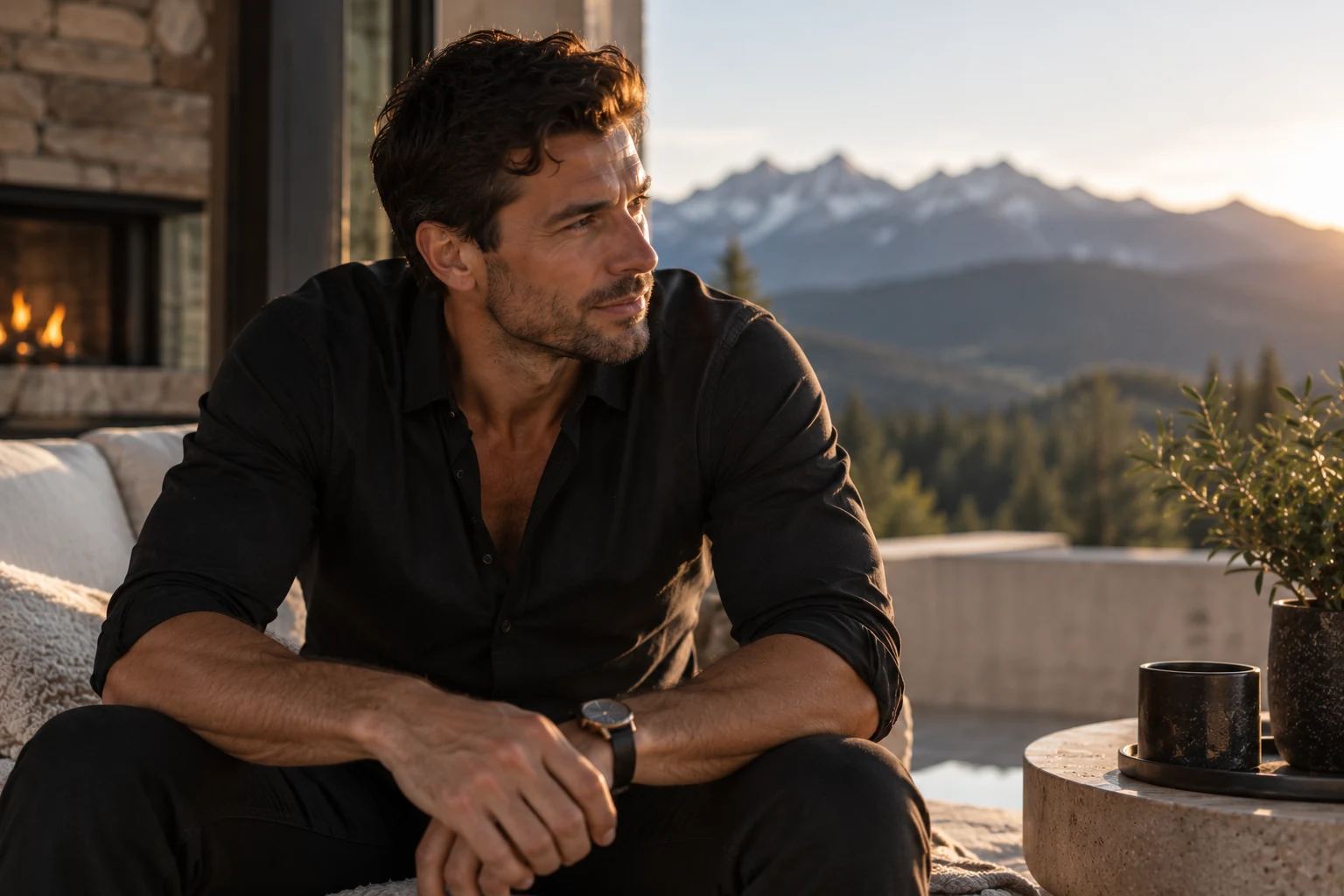 Adult man seated in a luxury mountain setting