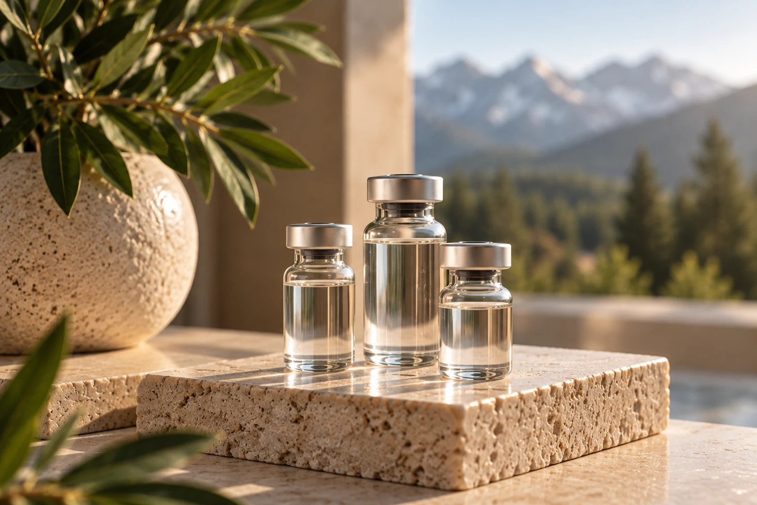Three clear representative therapy vials on stone with mountains in the background