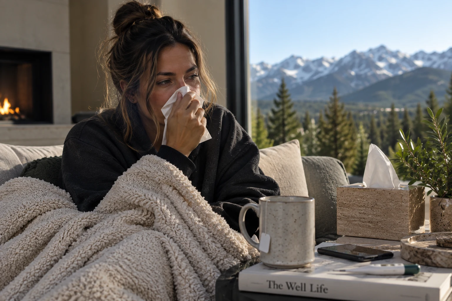 Woman resting at home while feeling unwell