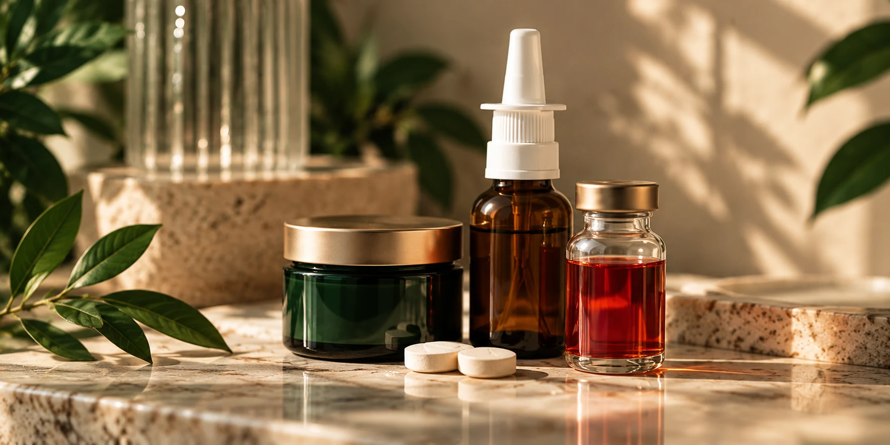Assorted wellness therapy formulations including vial, nasal spray, and oral dosage forms