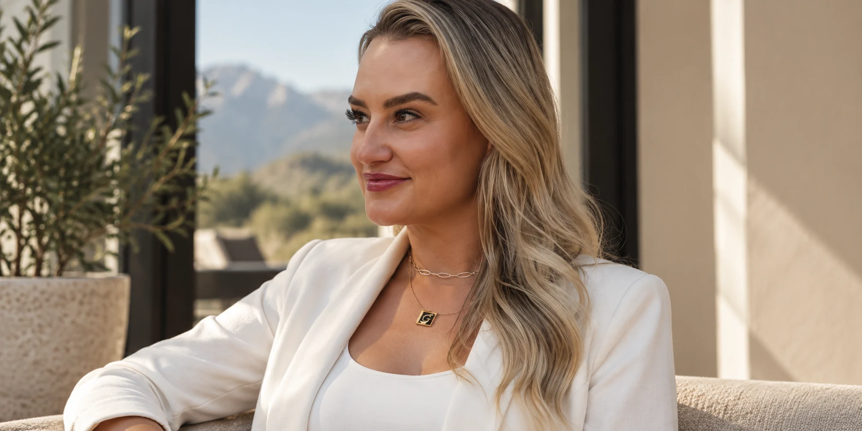 Adult woman seated in warm natural light with mountains in the background