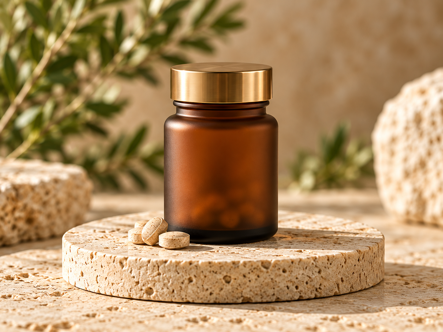 Unlabeled frosted dark amber medication bottle with a gold lid and small beige tablets on warm limestone