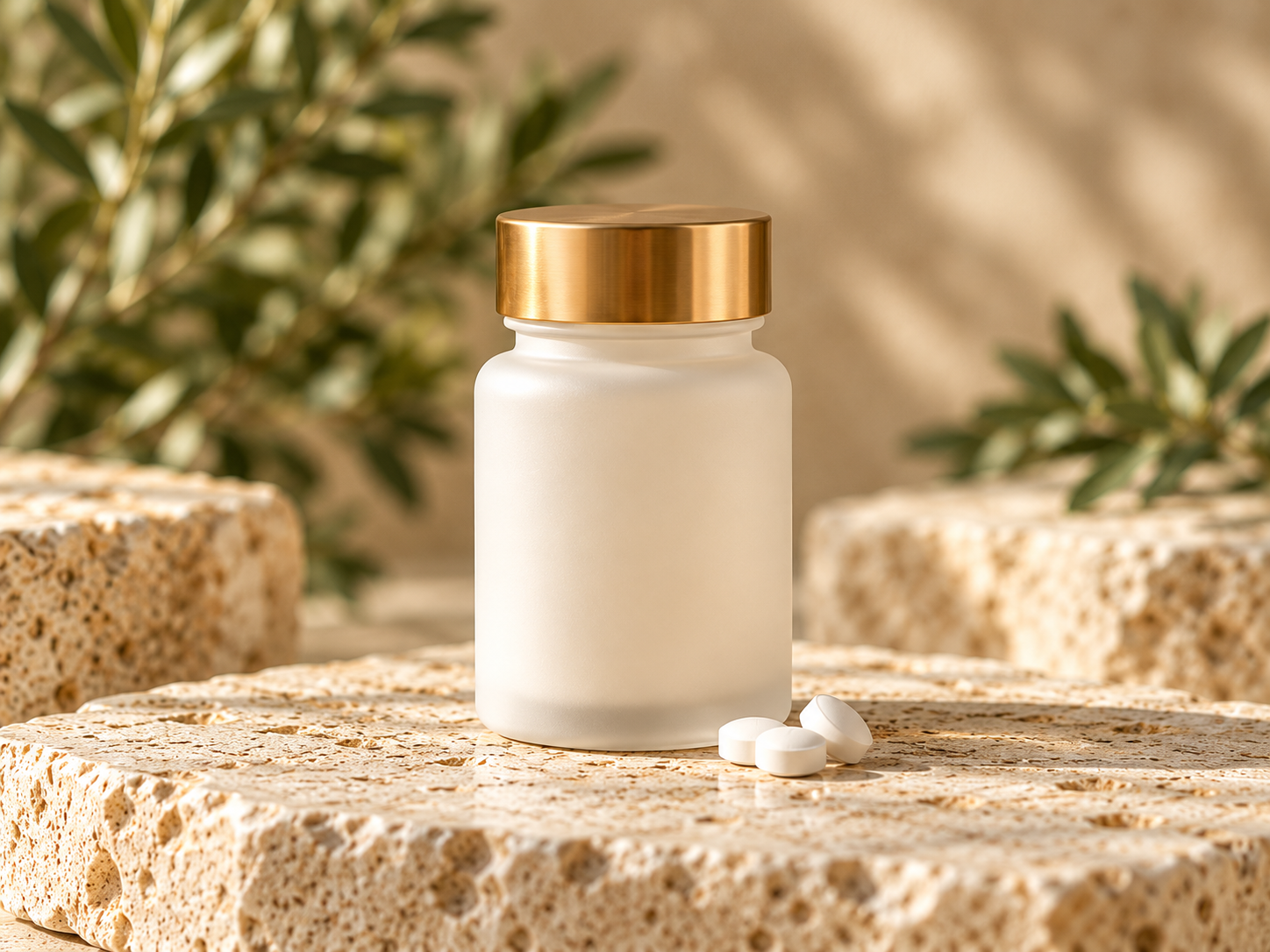 Unlabeled frosted ivory medication bottle with a gold lid and small tablets on warm limestone