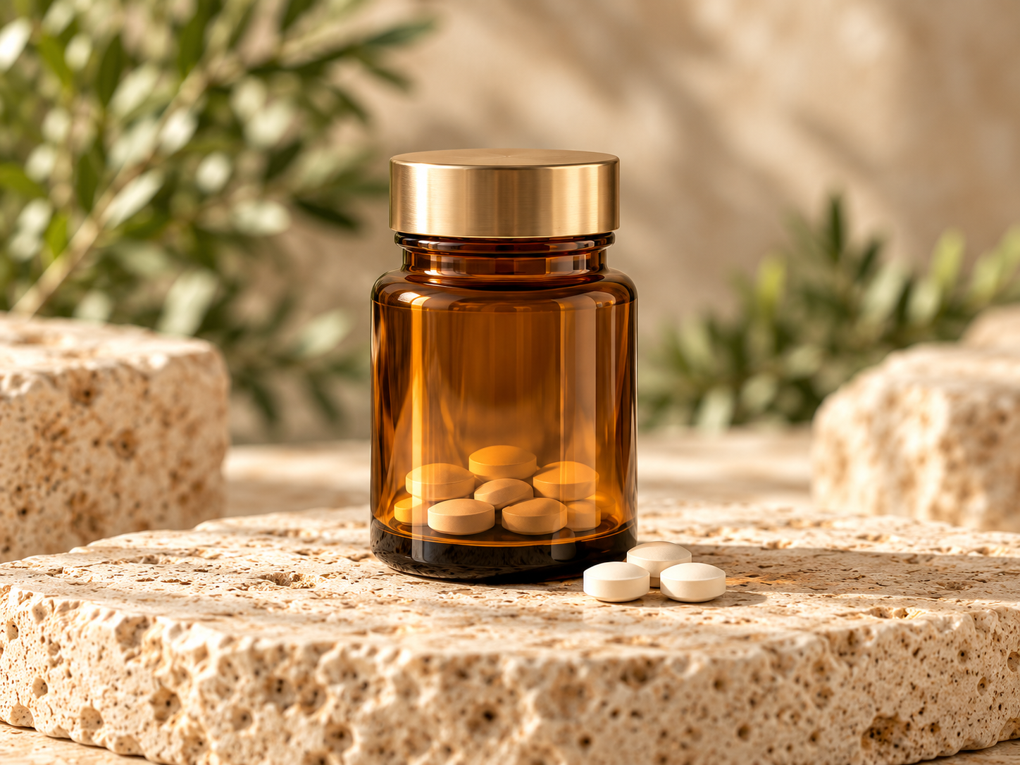 Unlabeled clear amber medication bottle with a gold lid and small tablets on warm limestone