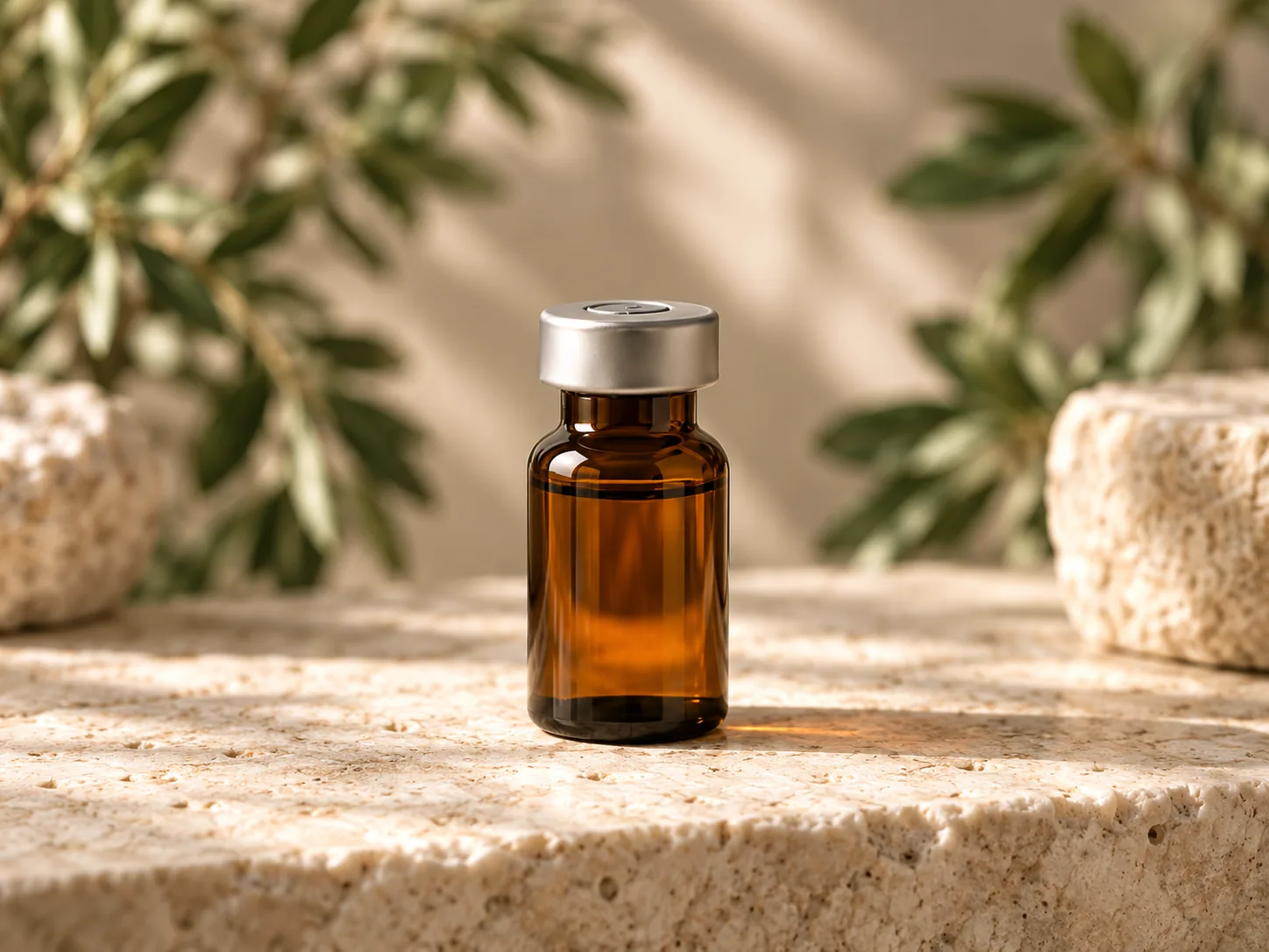 Unlabeled amber medical vial on warm ivory stone