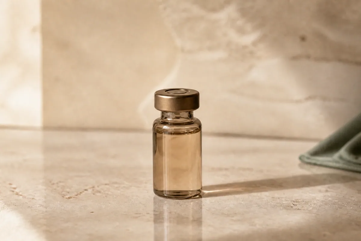 Glutathione wellness injection vial with a subtle sage accent