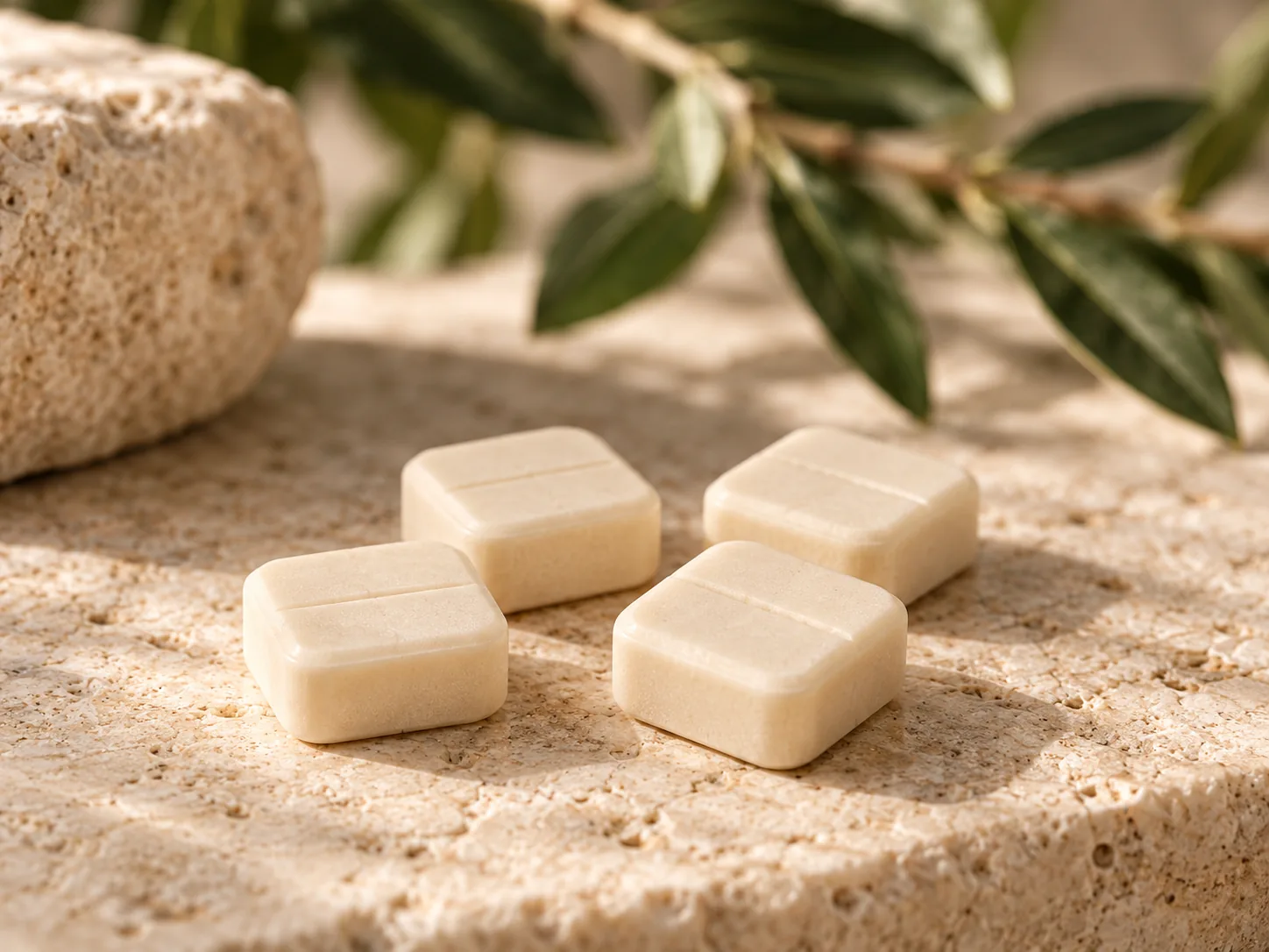 Cream-colored dissolvable troches on warm ivory stone