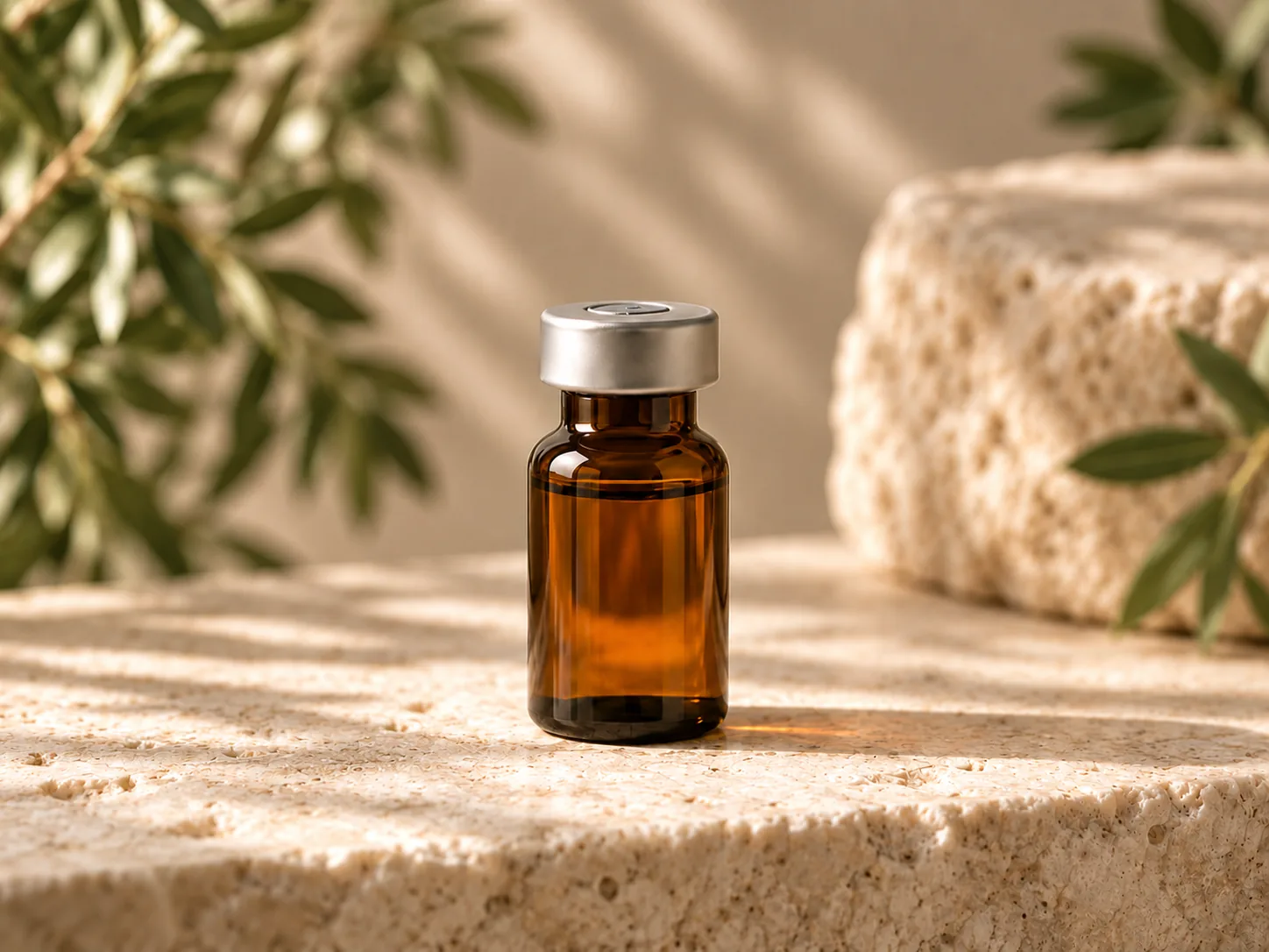 Unlabeled amber medical vial on warm ivory stone