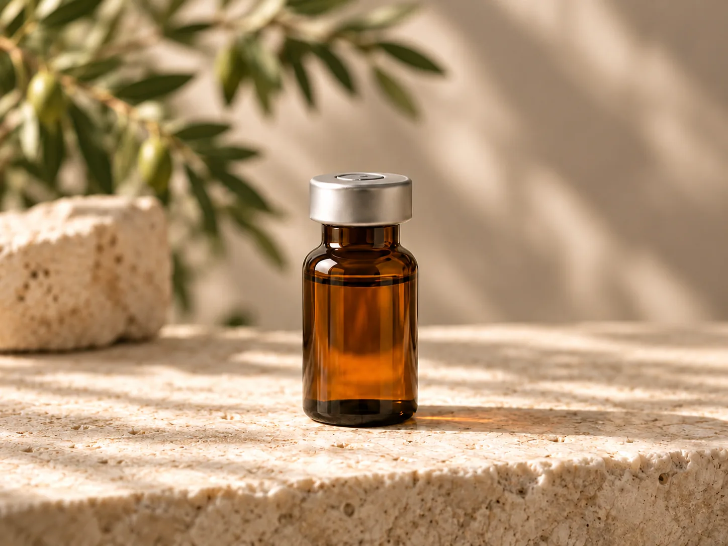 Unlabeled amber medical vial on warm ivory stone