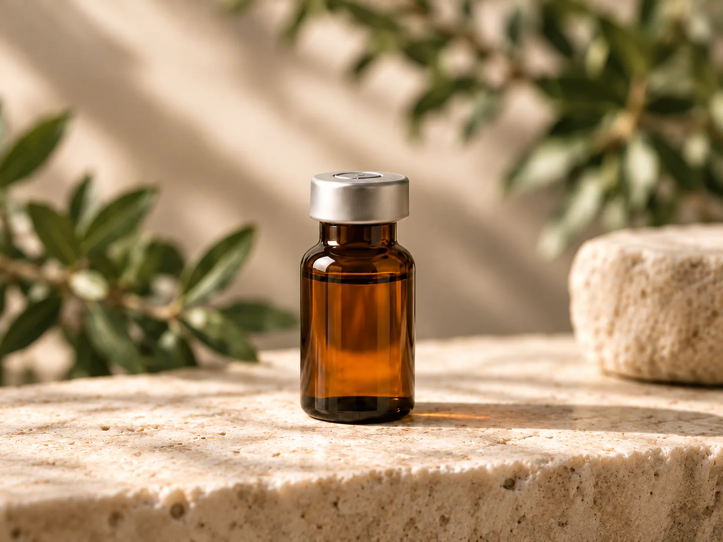 Unlabeled amber medical vial on warm ivory stone