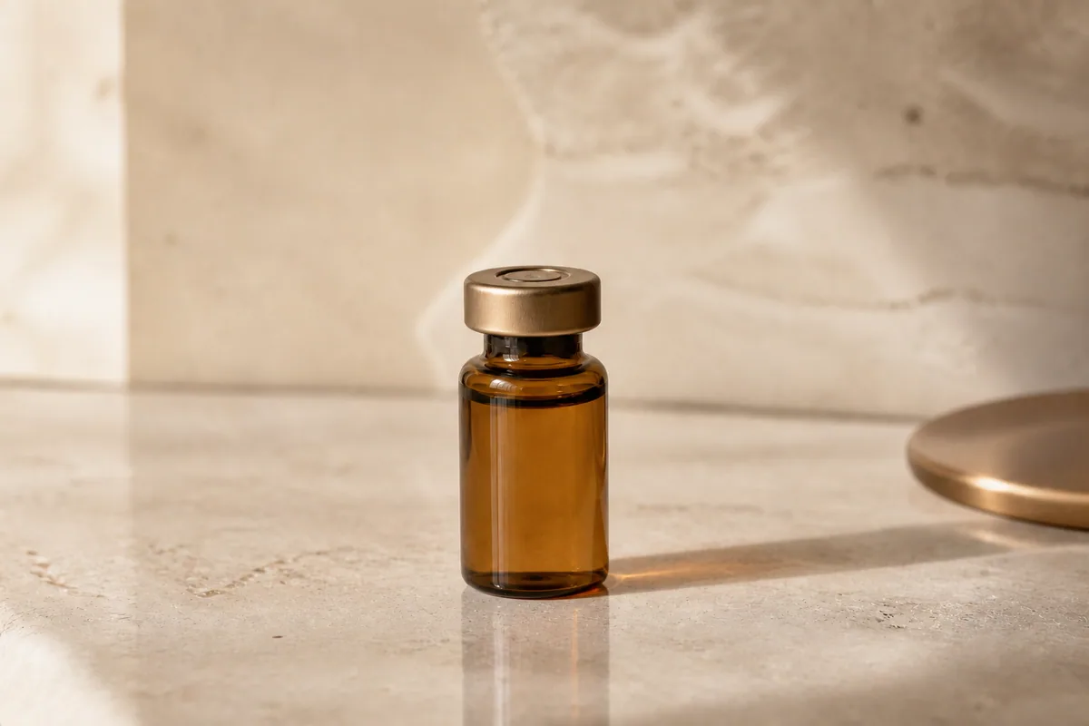 NAD+ wellness injection vial in a minimal editorial setting