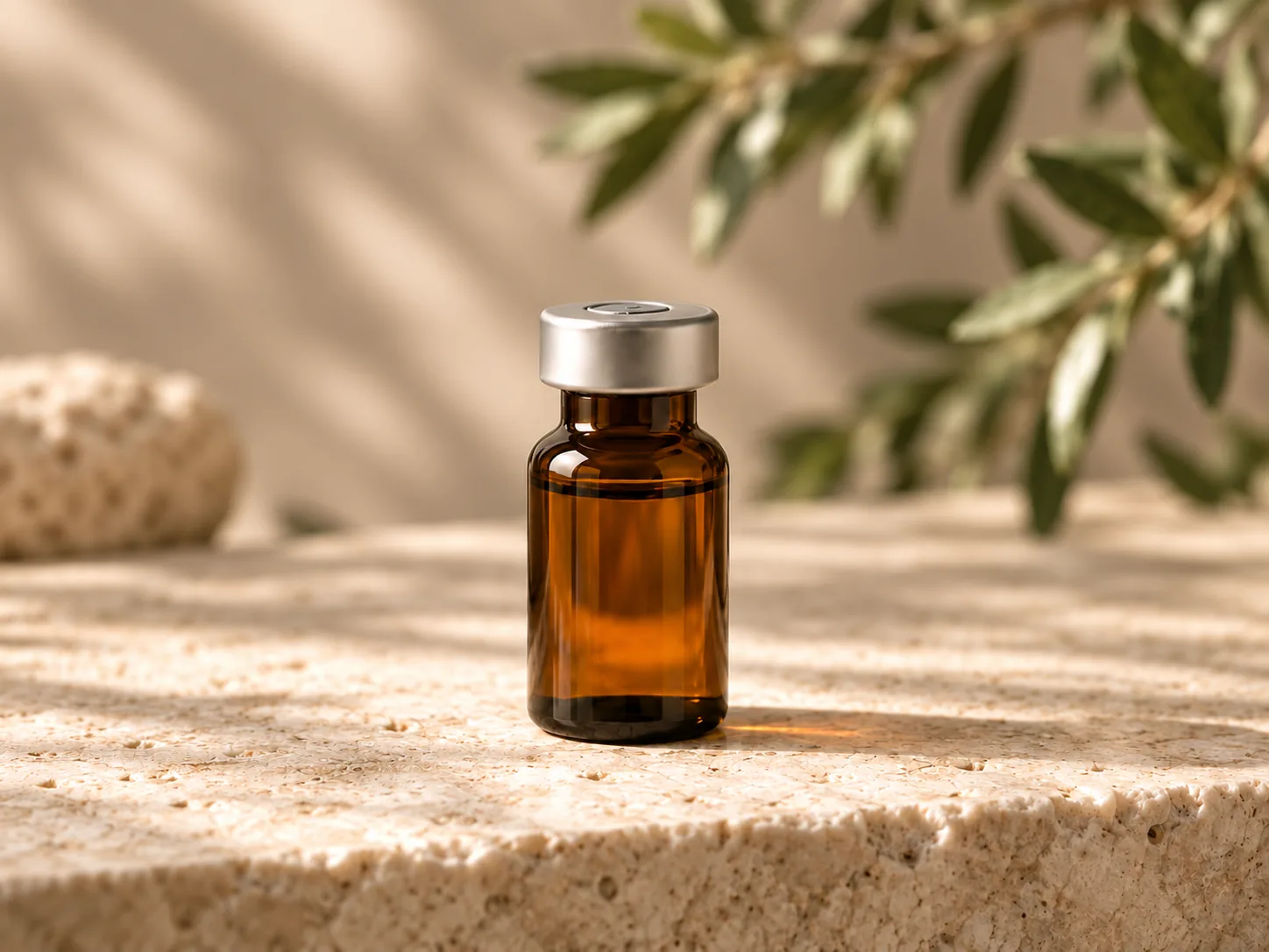 Unlabeled amber medical vial on warm ivory stone