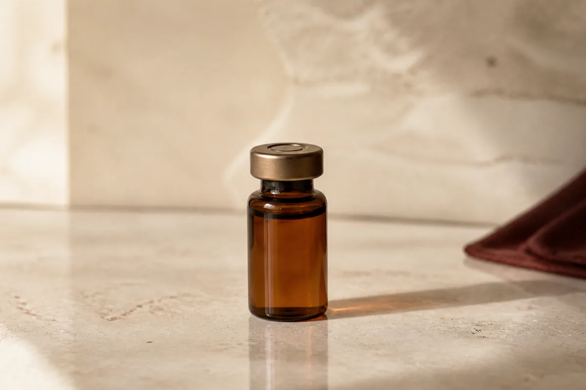 Vitamin B12 wellness injection vial on a warm ivory surface