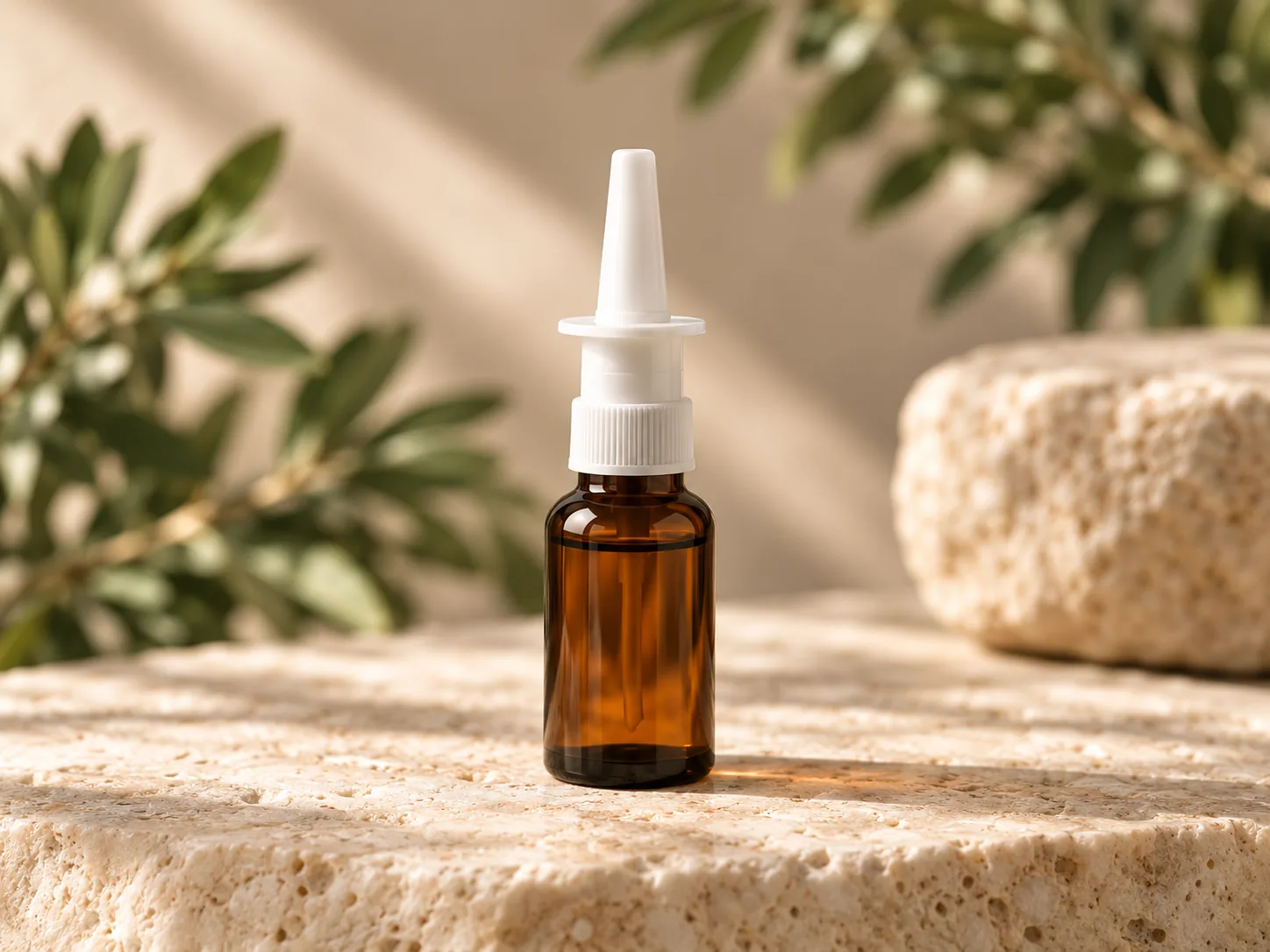 Unlabeled amber nasal-spray bottle with an upright white applicator