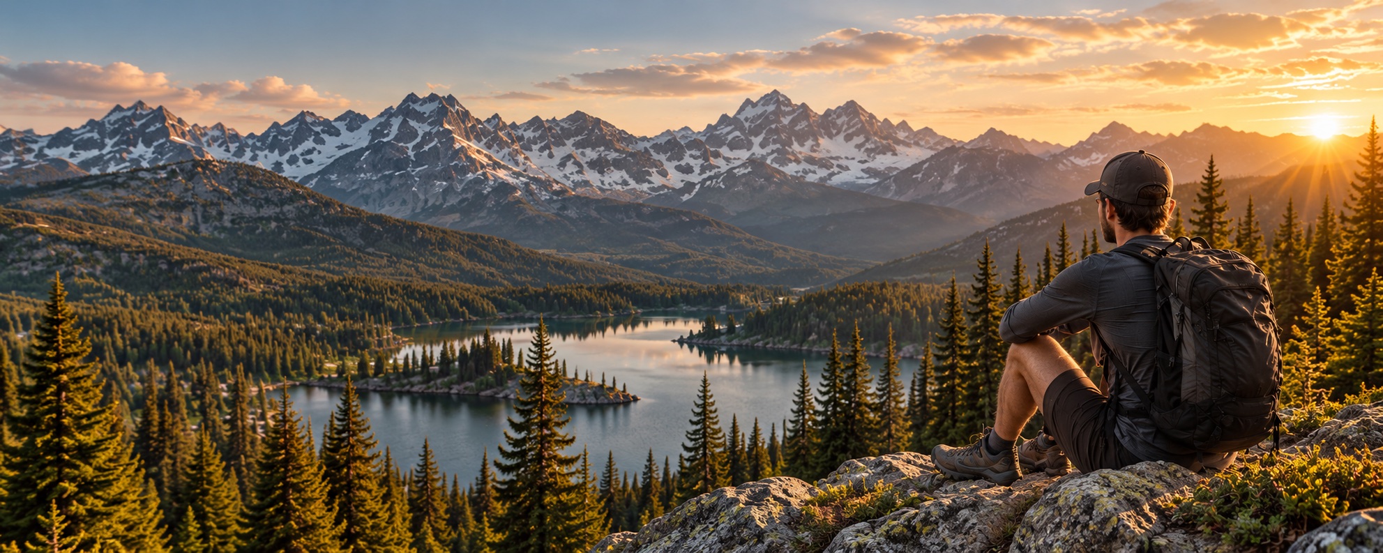Hiker overlooking an alpine lake and Colorado mountain range at golden hour